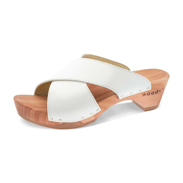 [Weiss] Juna Damen Clog Pantolette, farbe: weiss, clog pantoletten damen mit biegsamer nachhaltiger weidenholzsohle, holzclogs woody, woody schuhe, woody shoes, handgemachte holzschuhe aus österreich, kärnten