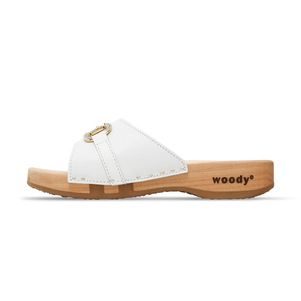 [Weiss mit Schmuck] Farah Damen Clog Pantolette – elegant, mit biegsamer Sohle aus nachhaltigem Weidenholz, Farbe: weiss (mit goldener und strassbesetzter Zierschnalle)