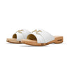 [Weiss mit Schmuck] Farah Damen Clog Pantolette – elegant, mit biegsamer Sohle aus nachhaltigem Weidenholz, Farbe: weiss (mit goldener und strassbesetzter Zierschnalle)