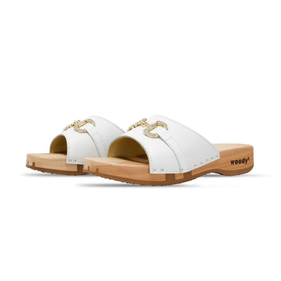[Weiss mit Schmuck] Farah Damen Clog Pantolette – elegant, mit biegsamer Sohle aus nachhaltigem Weidenholz, Farbe: weiss (mit goldener und strassbesetzter Zierschnalle)