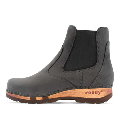[Grigio] Jutta Damen Clog Stiefelette mit biegsamer nachhaltiger holzsohle, farbe: grigio, der bestseller, holzclogs woody, woody schuhe, woody shoes, handgemachte holzschuhe aus österreich, kärnten