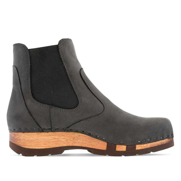 [Grigio] Jutta Damen Clog Stiefelette mit biegsamer nachhaltiger holzsohle, farbe: grigio, der bestseller, holzclogs woody, woody schuhe, woody shoes, handgemachte holzschuhe aus österreich, kärnten