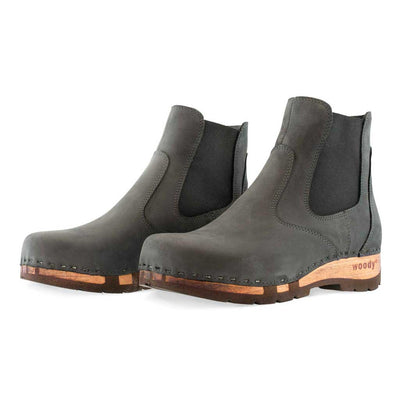 [Grigio] Jutta Damen Clog Stiefelette mit biegsamer nachhaltiger holzsohle, farbe: grigio, der bestseller, holzclogs woody, woody schuhe, woody shoes, handgemachte holzschuhe aus österreich, kärnten