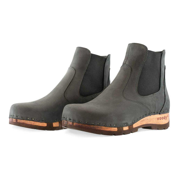 [Grigio] Jutta Damen Clog Stiefelette mit biegsamer nachhaltiger holzsohle, farbe: grigio, der bestseller, holzclogs woody, woody schuhe, woody shoes, handgemachte holzschuhe aus österreich, kärnten