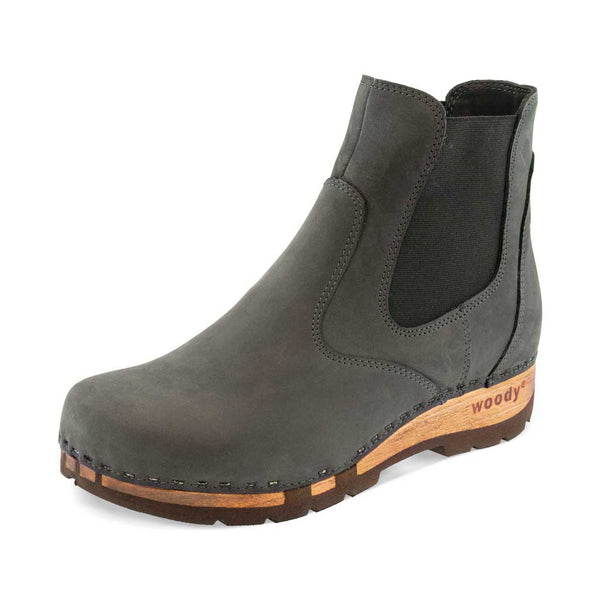 [Grigio] Jutta Damen Clog Stiefelette mit biegsamer nachhaltiger holzsohle, farbe: grigio, der bestseller, holzclogs woody, woody schuhe, woody shoes, handgemachte holzschuhe aus österreich, kärnten