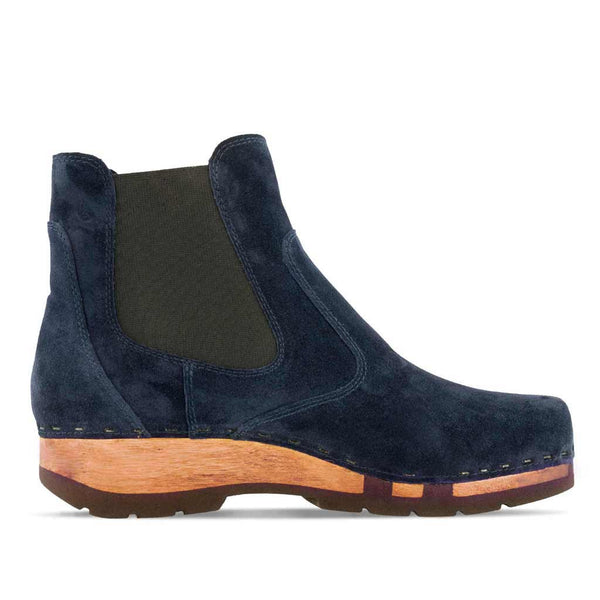 [Navy] Jutta Damen Clog Stiefelette mit biegsamer nachhaltiger holzsohle, der bestseller, holzclogs woody, woody schuhe, woody shoes, handgemachte holzschuhe aus österreich, kärnten,  farbe: navi (blau)