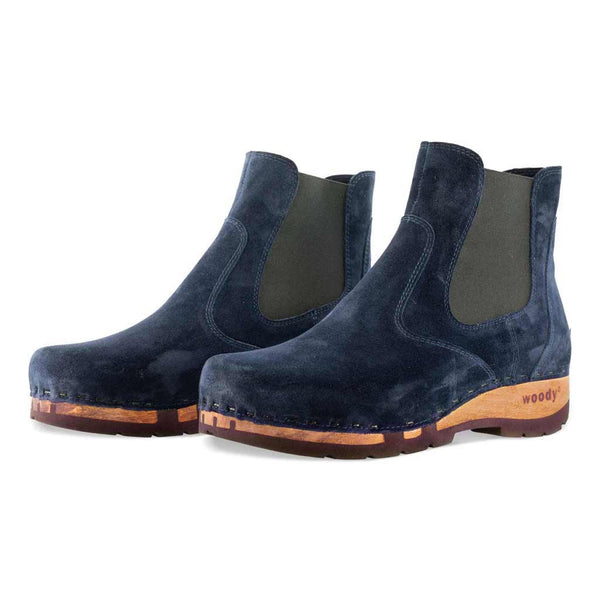 [Navy] Jutta Damen Clog Stiefelette mit biegsamer nachhaltiger holzsohle, der bestseller, holzclogs woody, woody schuhe, woody shoes, handgemachte holzschuhe aus österreich, kärnten,  farbe: navi (blau)