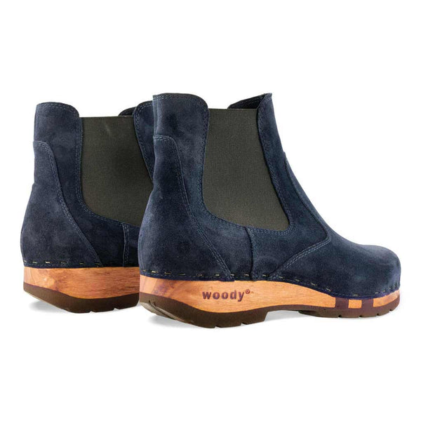 [Navy] Jutta Damen Clog Stiefelette mit biegsamer nachhaltiger holzsohle, der bestseller, holzclogs woody, woody schuhe, woody shoes, handgemachte holzschuhe aus österreich, kärnten,  farbe: navi (blau)
