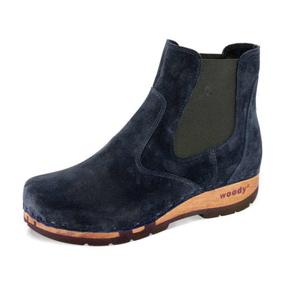 [Navy] Jutta Damen Clog Stiefelette mit biegsamer nachhaltiger holzsohle, der bestseller, holzclogs woody, woody schuhe, woody shoes, handgemachte holzschuhe aus österreich, kärnten,farbe: navi (blau)