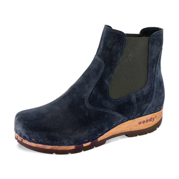 [Navy] Jutta Damen Clog Stiefelette mit biegsamer nachhaltiger holzsohle, der bestseller, holzclogs woody, woody schuhe, woody shoes, handgemachte holzschuhe aus österreich, kärnten,  farbe: navi (blau)