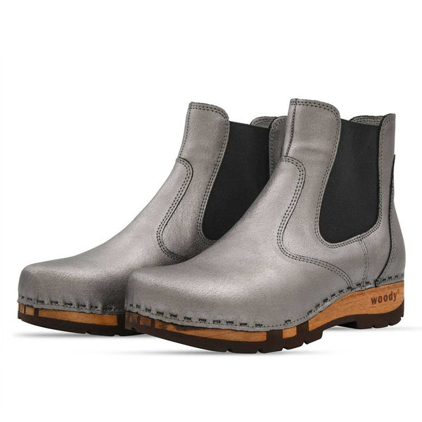 [Titan] Jutta Damen Clog Stiefelette mit biegsamer nachhaltiger holzsohle, farbe: titan, der bestseller, holzclogs woody, woody schuhe, woody shoes, handgemachte holzschuhe aus österreich, kärnten