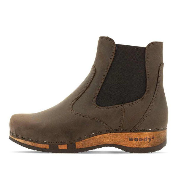 [Caffe] Jutta Damen Clog Stiefelette mit biegsamer nachhaltiger holzsohle, farbe: caffe (braun), der bestseller, holzclogs woody, woody schuhe, woody shoes, handgemachte holzschuhe aus österreich, kärnten
