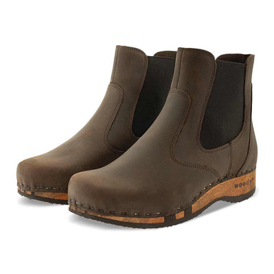 [Caffe] Jutta Damen Clog Stiefelette mit biegsamer nachhaltiger holzsohle, farbe: caffe (braun), der bestseller, holzclogs woody, woody schuhe, woody shoes, handgemachte holzschuhe aus österreich, kärnten