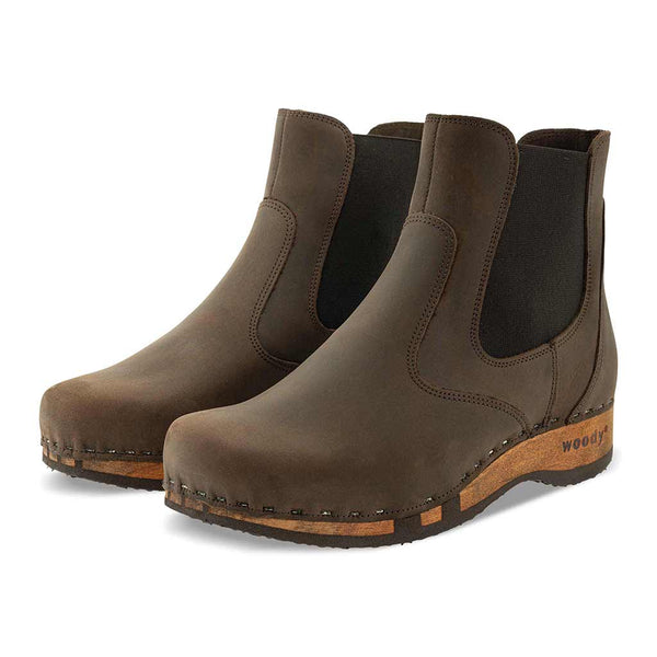 [Caffe] Jutta Damen Clog Stiefelette mit biegsamer nachhaltiger holzsohle, farbe: caffe (braun), der bestseller, holzclogs woody, woody schuhe, woody shoes, handgemachte holzschuhe aus österreich, kärnten