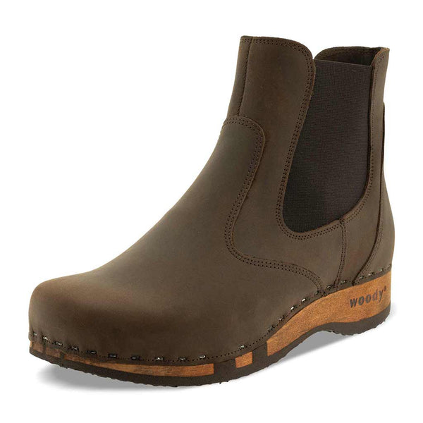 [Caffe] Jutta Damen Clog Stiefelette mit biegsamer nachhaltiger holzsohle, farbe: caffe (braun), der bestseller, holzclogs woody, woody schuhe, woody shoes, handgemachte holzschuhe aus österreich, kärnten