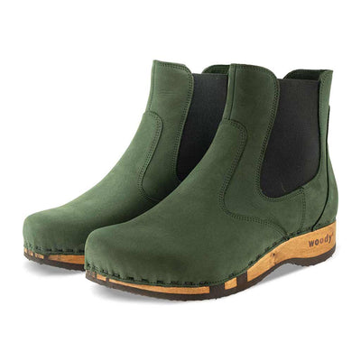 [Forest] Jutta Damen Clog Stiefelette mit biegsamer nachhaltiger holzsohle, farbe: forest (gruen), der bestseller, holzclogs woody, woody schuhe, woody shoes, handgemachte holzschuhe aus österreich, kärnten