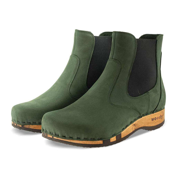 [Forest] Jutta Damen Clog Stiefelette mit biegsamer nachhaltiger holzsohle, farbe: forest (gruen), der bestseller, holzclogs woody, woody schuhe, woody shoes, handgemachte holzschuhe aus österreich, kärnten