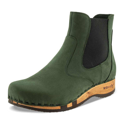 [Forest] Jutta Damen Clog Stiefelette mit biegsamer nachhaltiger holzsohle, farbe: forest (gruen), der bestseller, holzclogs woody, woody schuhe, woody shoes, handgemachte holzschuhe aus österreich, kärnten