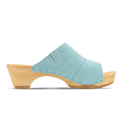 [Baby Blue] Kate Damen Clog Pantolette, farbe: baby blue (hellblau)_clogs pantoletten damen mit biegsamer nachhaltiger weidenholzsohle, holzclogs woody, woody schuhe, woody shoes, handgemachte holzschuhe aus österreich, kärnten