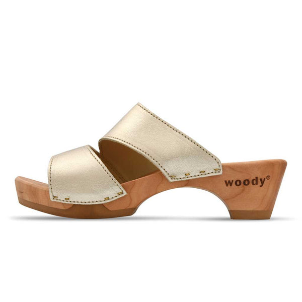 [Gold] Kate Damen Clog Pantolette, farbe: gold_clogs pantoletten damen mit biegsamer nachhaltiger weidenholzsohle, holzclogs woody, woody schuhe, woody shoes, handgemachte holzschuhe aus österreich, kärnten