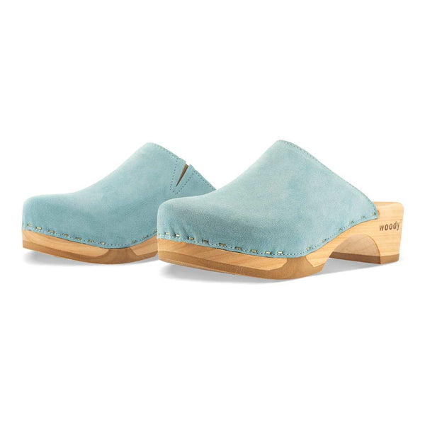 [Baby Blue] Katharina Damen Clog mit biegsamer nachhaltiger holzsohle, farbe: baby blue (hellblau), holzclogs woody, woody schuhe, woody shoes, handgemachte holzschuhe aus österreich, kärnten