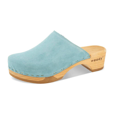 [Baby Blue] Katharina Damen Clog mit biegsamer nachhaltiger holzsohle, farbe: baby blue (hellblau), holzclogs woody, woody schuhe, woody shoes, handgemachte holzschuhe aus österreich, kärnten