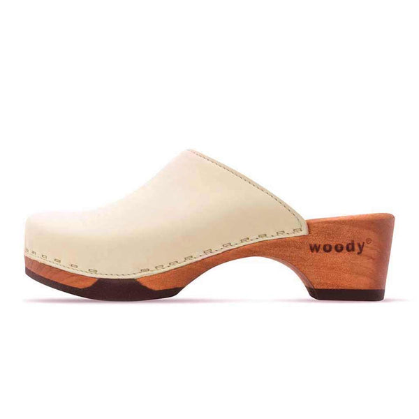 [Creme] Katharina Damen Clog mit biegsamer nachhaltiger holzsohle, farbe: creme, holzclogs woody, woody schuhe, woody shoes, handgemachte holzschuhe aus österreich, kärnten