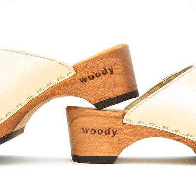 [Creme] Katharina Damen Clog mit biegsamer nachhaltiger holzsohle, farbe: creme, holzclogs woody, woody schuhe, woody shoes, handgemachte holzschuhe aus österreich, kärnten