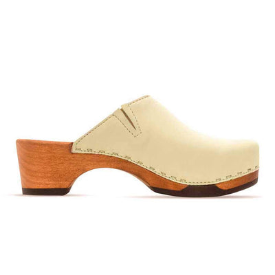 [Creme] Katharina Damen Clog mit biegsamer nachhaltiger holzsohle, farbe: creme, holzclogs woody, woody schuhe, woody shoes, handgemachte holzschuhe aus österreich, kärnten