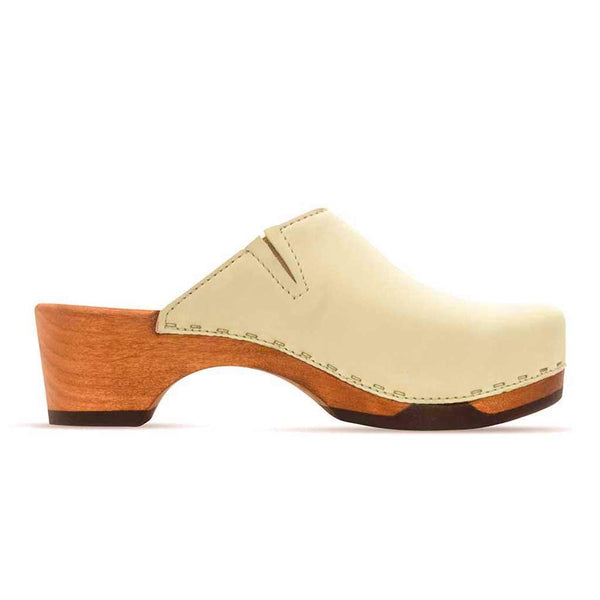 [Creme] Katharina Damen Clog mit biegsamer nachhaltiger holzsohle, farbe: creme, holzclogs woody, woody schuhe, woody shoes, handgemachte holzschuhe aus österreich, kärnten