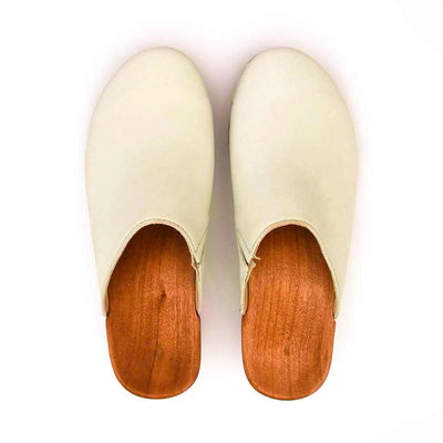 [Creme] Katharina Damen Clog mit biegsamer nachhaltiger holzsohle, farbe: creme, holzclogs woody, woody schuhe, woody shoes, handgemachte holzschuhe aus österreich, kärnten
