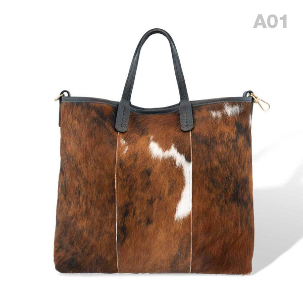 [A01] Kira - praktische Tote Bag Handtasche aus Fell Natur und Schwarzem Leder