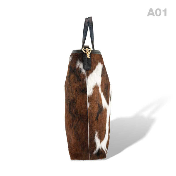 [A01] Kira - praktische Tote Bag Handtasche aus Fell Natur und Schwarzem Leder