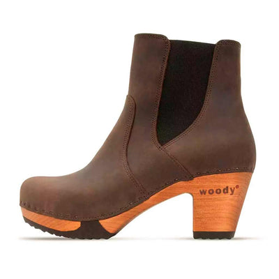 [Caffe] Lara Damen Clog Stiefelette mit biegsamer nachhaltiger Weidenholzsohle-holzclogs woody, woody schuhe, woody shoes, handgemachte holzschuhe aus österreich, kärnten, farbe: caffe (braun)