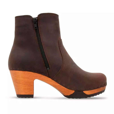 [Caffe] Lara Damen Clog Stiefelette mit biegsamer nachhaltiger Weidenholzsohle-holzclogs woody, woody schuhe, woody shoes, handgemachte holzschuhe aus österreich, kärnten, farbe: caffe (braun)