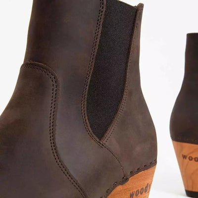 [Caffe] Lara Damen Clog Stiefelette mit biegsamer nachhaltiger Weidenholzsohle-holzclogs woody, woody schuhe, woody shoes, handgemachte holzschuhe aus österreich, kärnten, farbe: caffe (braun)