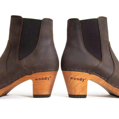 [Caffe] Lara Damen Clog Stiefelette mit biegsamer nachhaltiger Weidenholzsohle-holzclogs woody, woody schuhe, woody shoes, handgemachte holzschuhe aus österreich, kärnten, farbe: caffe (braun)