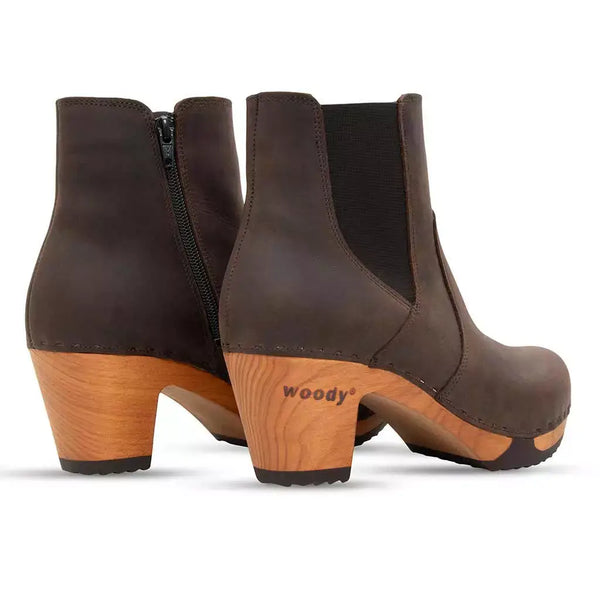[Caffe] Lara Damen Clog Stiefelette mit biegsamer nachhaltiger Weidenholzsohle-holzclogs woody, woody schuhe, woody shoes, handgemachte holzschuhe aus österreich, kärnten, farbe: caffe (braun)