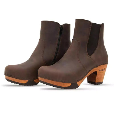 [Caffe] Lara Damen Clog Stiefelette mit biegsamer nachhaltiger Weidenholzsohle-holzclogs woody, woody schuhe, woody shoes, handgemachte holzschuhe aus österreich, kärnten, farbe: caffe (braun)