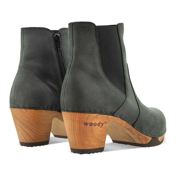 [Grigio] Lara Damen Clog Stiefelette mit biegsamer nachhaltiger Weidenholzsohle-holzclogs woody, woody schuhe, woody shoes, handgemachte holzschuhe aus österreich, kärnten, farbe: grigio (dunkelgrau)
