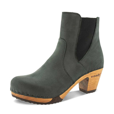 [Grigio] Lara Damen Clog Stiefelette mit biegsamer nachhaltiger Weidenholzsohle-holzclogs woody, woody schuhe, woody shoes, handgemachte holzschuhe aus österreich, kärnten, farbe: grigio (dunkelgrau)