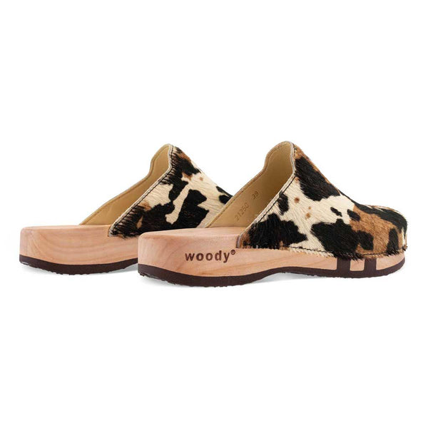 [Fell Kombi] Lea Fell Clog, clog sneakers für damen mit biegsamer nachhaltiger holzsohle, farbe: fell kombi (kuh-print-design), holzclogs woody, woody schuhe, woody shoes, handgemachte holzschuhe aus österreich, kärnten