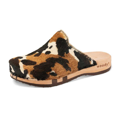 [Fell Kombi] Lea Fell Clog, clog sneakers für damen mit biegsamer nachhaltiger holzsohle, farbe: fell kombi (kuh-print-design), holzclogs woody, woody schuhe, woody shoes, handgemachte holzschuhe aus österreich, kärnten
