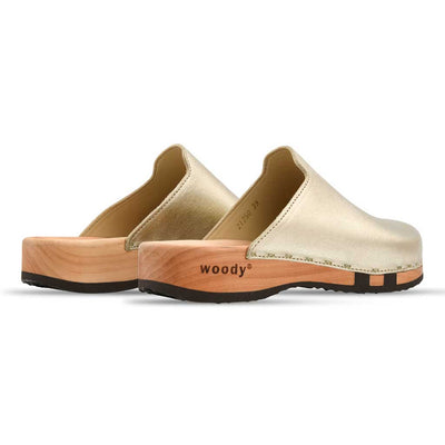 [Gold] Lea Damen Clog von woody holzschuhe damenclogs mit fexibler holzsohle. holzclogs farbe: gold, Damenclogs, Damen Clogs - Clogs Damen. Holzschuhe für Damen, Damen Clogs, Holzclogs, Damen Pantoletten mit Holzsohle. Holz Schuhe, Clog für Frauen