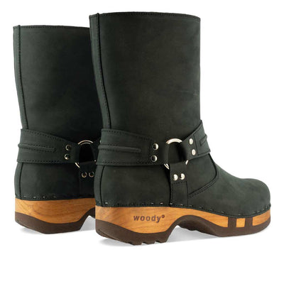 [Nero] leni damen clog schlupfstiefel mit biegsamer nachhaltiger holzsohle, holzclogs woody, woody schuhe, woody shoes, handgemachte holzschuhe aus österreich, kärnten, farbe: nero (schwarz)