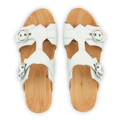 [Weiss] Leonie Damen Clog Pantolette mit schnallen und biegsamer nachhaltiger holzsohle, farbe: weiss, holzclogs woody, woody schuhe, woody shoes, handgemachte holzschuhe aus österreich, kärnten