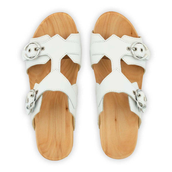 [Weiss] Leonie Damen Clog Pantolette mit schnallen und biegsamer nachhaltiger holzsohle, farbe: weiss, holzclogs woody, woody schuhe, woody shoes, handgemachte holzschuhe aus österreich, kärnten