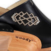 [Schwarz mit Schmuck] Leyla Damen Clog Pantolette – elegant, mit biegsamer Sohle – Farbe: Schwarz (mit mit stassbesetztem, goldenem Schmuckelement)