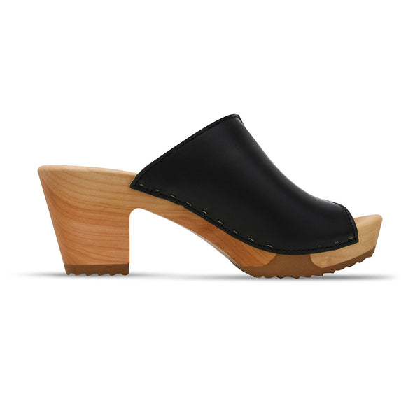 [Schwarz mit Schmuck] Leyla Damen Clog Pantolette – elegant, mit biegsamer Sohle – Farbe: Schwarz (mit mit stassbesetztem, goldenem Schmuckelement)