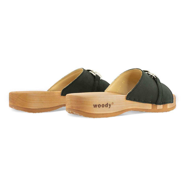 [Nero] Lina Damen Clog Pantolette, farbe: nero (schwarz), clogs pantoletten damen mit biegsamer nachhaltiger weidenholzsohle, holzclogs woody, woody schuhe, woody shoes, handgemachte holzschuhe aus österreich, kärnten, metal-accessoires-inchrome-optic. Damenclogs, Damen Clogs - Clogs Dame